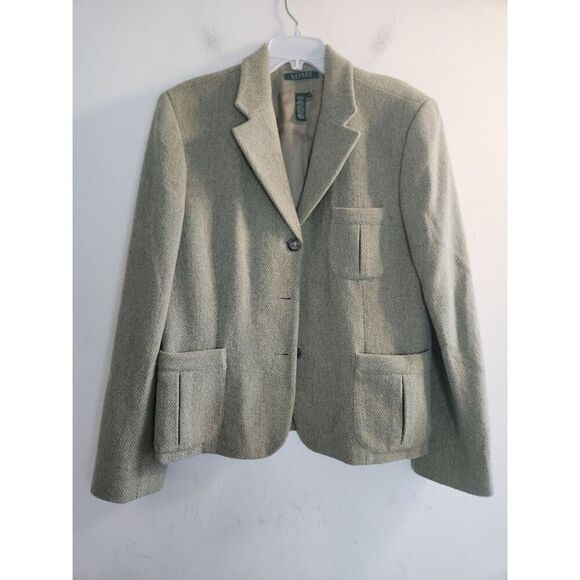 Lauren Ralph Lauren Women Green/Grey Tweed Wool Blend 3 Button Blazer size 16 - Picture 3 of 11
